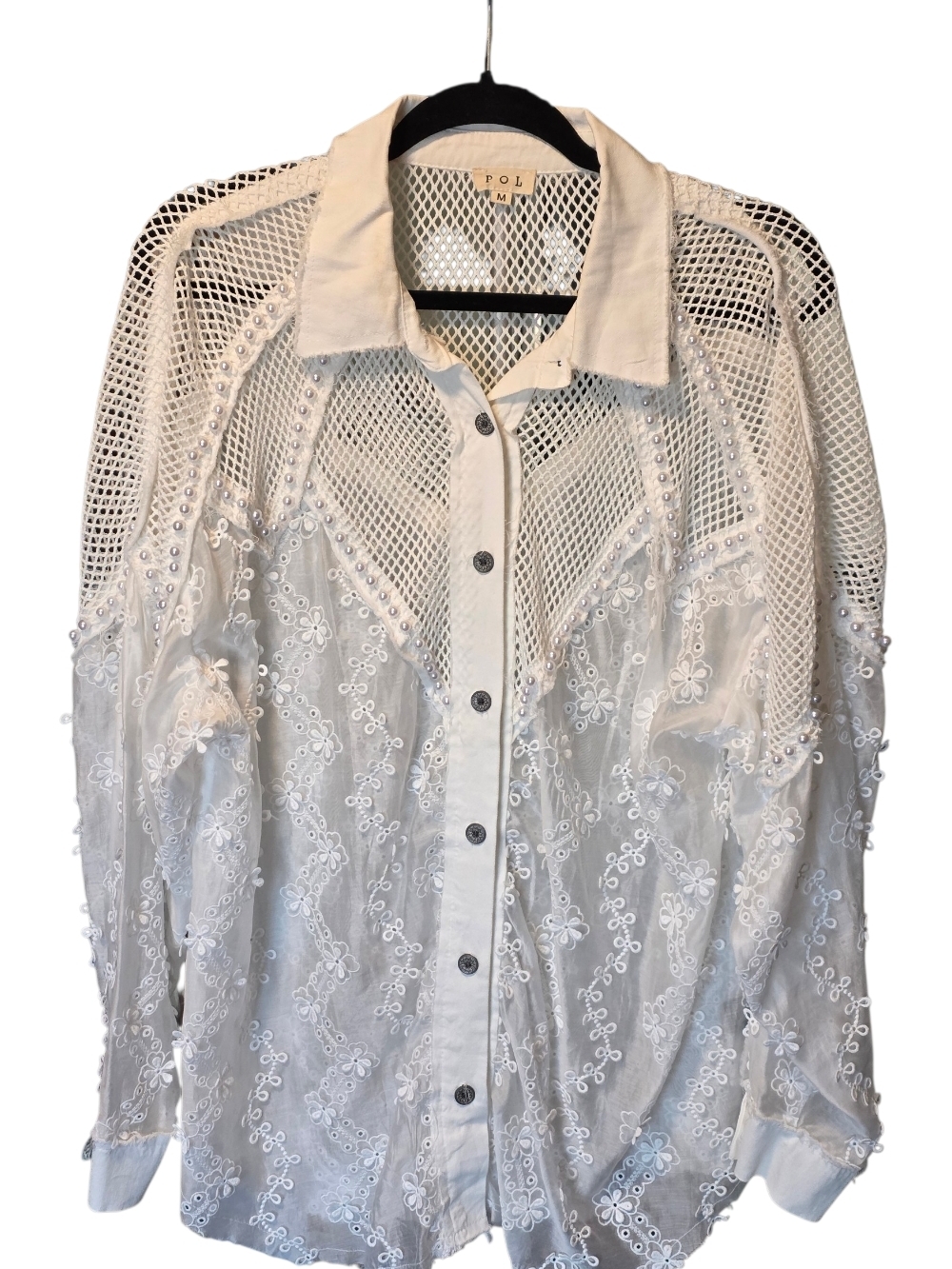 POL White Embroidered Mesh Button-Up Blouse